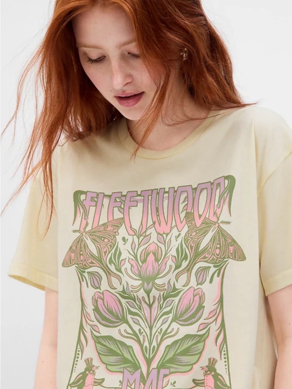Fleetwood-Inspired Cream Graphic Tee with Pink & Green Artwork